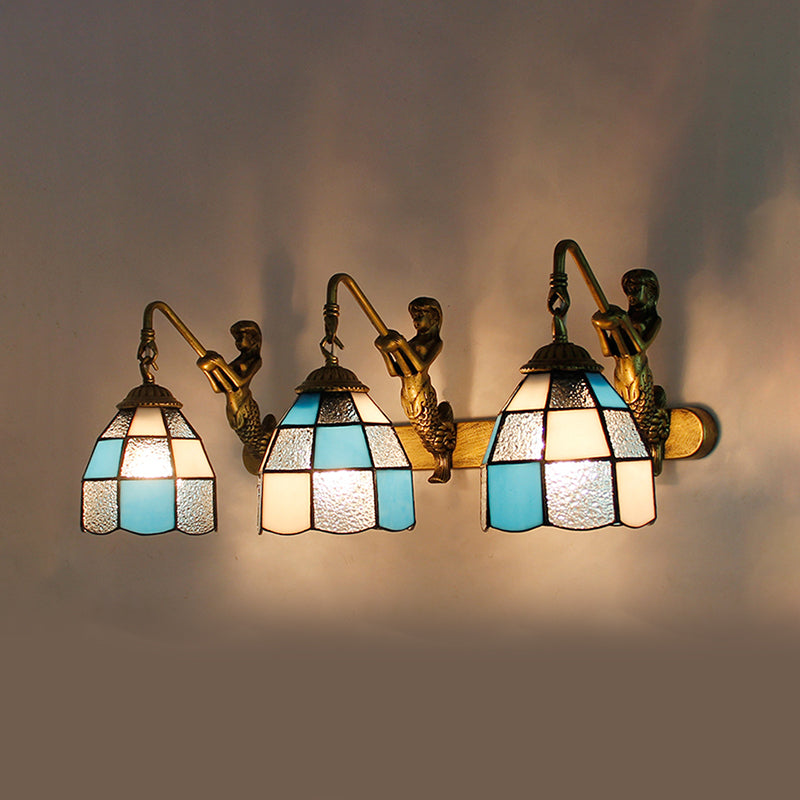 3 Heads Grid Patterned Wall Light Fixture Tiffany Light Blue/Green/Clear Dimpled Glass Sconce Lighting Clear Clearhalo 'Industrial' 'Middle century wall lights' 'Tiffany wall lights' 'Tiffany' 'Wall Lamps & Sconces' 'Wall Lights' Lighting' 173607