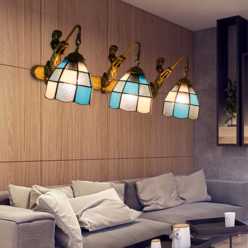 3 Heads Grid Patterned Wall Light Fixture Tiffany Light Blue/Green/Clear Dimpled Glass Sconce Lighting Clearhalo 'Industrial' 'Middle century wall lights' 'Tiffany wall lights' 'Tiffany' 'Wall Lamps & Sconces' 'Wall Lights' Lighting' 173608