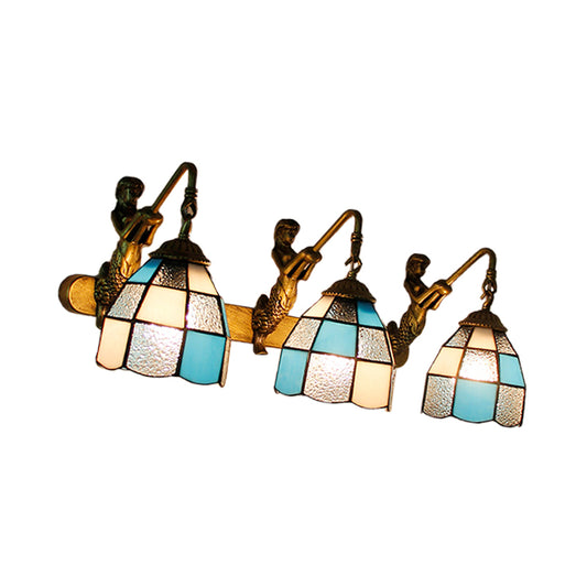 3 Heads Grid Patterned Wall Light Fixture Tiffany Light Blue/Green/Clear Dimpled Glass Sconce Lighting Clearhalo 'Industrial' 'Middle century wall lights' 'Tiffany wall lights' 'Tiffany' 'Wall Lamps & Sconces' 'Wall Lights' Lighting' 173609