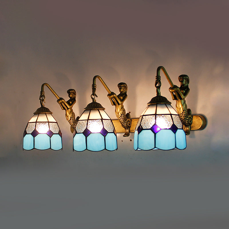 3 Heads Grid Patterned Wall Light Fixture Tiffany Light Blue/Green/Clear Dimpled Glass Sconce Lighting Light Blue Clearhalo 'Industrial' 'Middle century wall lights' 'Tiffany wall lights' 'Tiffany' 'Wall Lamps & Sconces' 'Wall Lights' Lighting' 173610