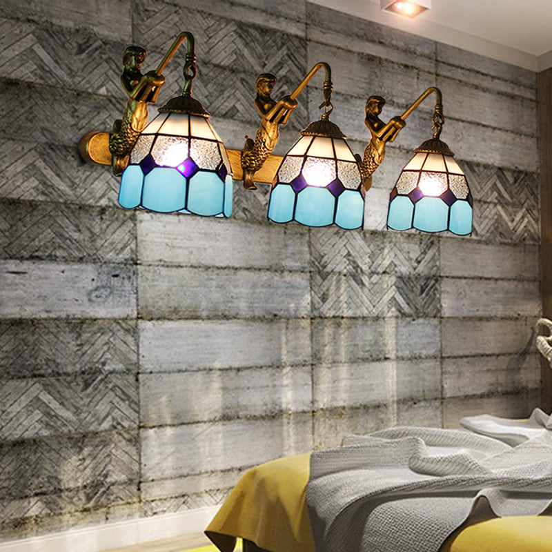 3 Heads Grid Patterned Wall Light Fixture Tiffany Light Blue/Green/Clear Dimpled Glass Sconce Lighting Clearhalo 'Industrial' 'Middle century wall lights' 'Tiffany wall lights' 'Tiffany' 'Wall Lamps & Sconces' 'Wall Lights' Lighting' 173611