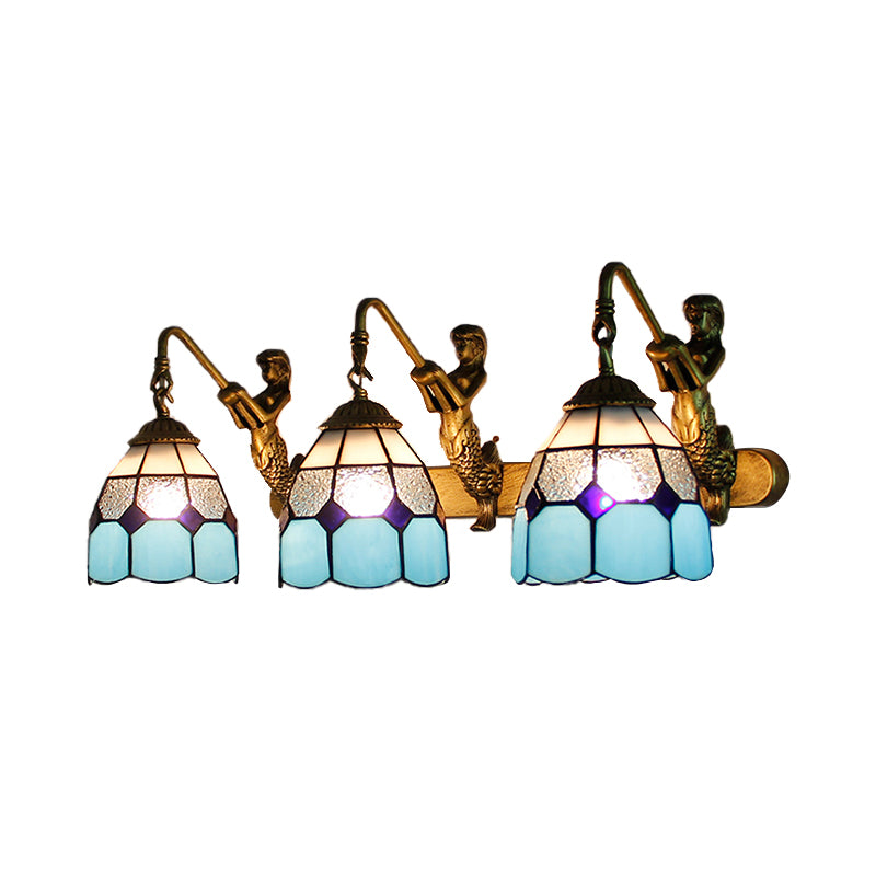 3 Heads Grid Patterned Wall Light Fixture Tiffany Light Blue/Green/Clear Dimpled Glass Sconce Lighting Clearhalo 'Industrial' 'Middle century wall lights' 'Tiffany wall lights' 'Tiffany' 'Wall Lamps & Sconces' 'Wall Lights' Lighting' 173612