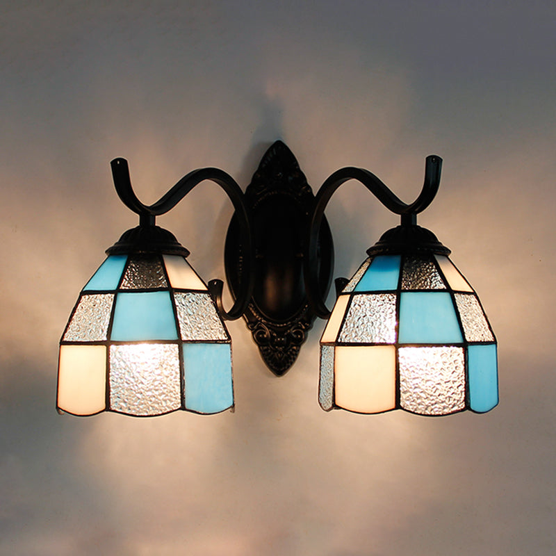 Stained Glass Bowl Wall Lamp Retro Tiffany 2 Heads Bedroom Wall Mount Light in Light Blue/Orange Red/Green/Clear/Royal Blue Clear Clearhalo 'Industrial' 'Middle century wall lights' 'Tiffany wall lights' 'Tiffany' 'Wall Lamps & Sconces' 'Wall Lights' Lighting' 173619