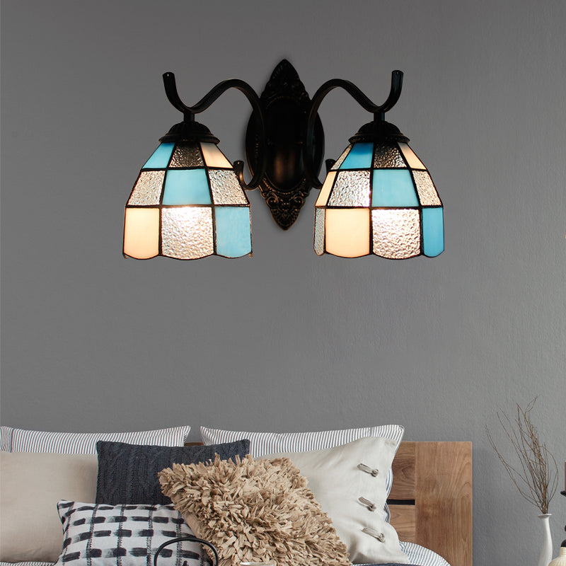 Stained Glass Bowl Wall Lamp Retro Tiffany 2 Heads Bedroom Wall Mount Light in Light Blue/Orange Red/Green/Clear/Royal Blue Clearhalo 'Industrial' 'Middle century wall lights' 'Tiffany wall lights' 'Tiffany' 'Wall Lamps & Sconces' 'Wall Lights' Lighting' 173620