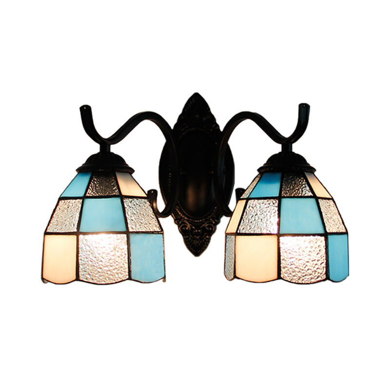 Stained Glass Bowl Wall Lamp Retro Tiffany 2 Heads Bedroom Wall Mount Light in Light Blue/Orange Red/Green/Clear/Royal Blue Clearhalo 'Industrial' 'Middle century wall lights' 'Tiffany wall lights' 'Tiffany' 'Wall Lamps & Sconces' 'Wall Lights' Lighting' 173621