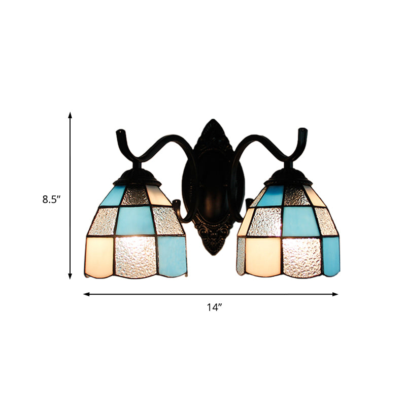 Stained Glass Bowl Wall Lamp Retro Tiffany 2 Heads Bedroom Wall Mount Light in Light Blue/Orange Red/Green/Clear/Royal Blue Clearhalo 'Industrial' 'Middle century wall lights' 'Tiffany wall lights' 'Tiffany' 'Wall Lamps & Sconces' 'Wall Lights' Lighting' 173622