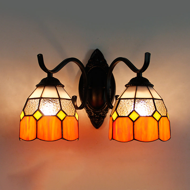 Stained Glass Bowl Wall Lamp Retro Tiffany 2 Heads Bedroom Wall Mount Light in Light Blue/Orange Red/Green/Clear/Royal Blue Orange Red Clearhalo 'Industrial' 'Middle century wall lights' 'Tiffany wall lights' 'Tiffany' 'Wall Lamps & Sconces' 'Wall Lights' Lighting' 173623