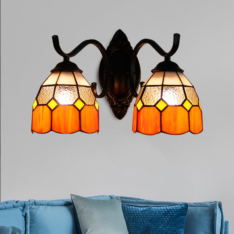 Stained Glass Bowl Wall Lamp Retro Tiffany 2 Heads Bedroom Wall Mount Light in Light Blue/Orange Red/Green/Clear/Royal Blue Clearhalo 'Industrial' 'Middle century wall lights' 'Tiffany wall lights' 'Tiffany' 'Wall Lamps & Sconces' 'Wall Lights' Lighting' 173624