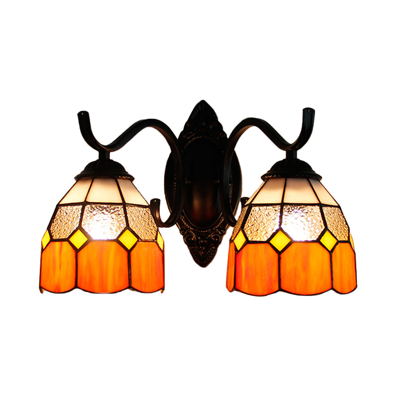 Stained Glass Bowl Wall Lamp Retro Tiffany 2 Heads Bedroom Wall Mount Light in Light Blue/Orange Red/Green/Clear/Royal Blue Clearhalo 'Industrial' 'Middle century wall lights' 'Tiffany wall lights' 'Tiffany' 'Wall Lamps & Sconces' 'Wall Lights' Lighting' 173625