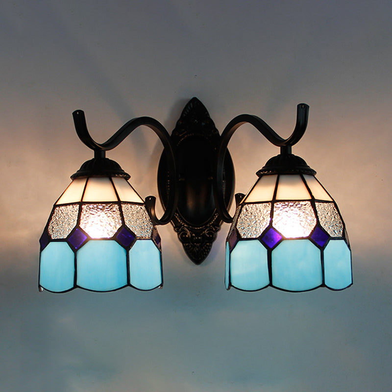 Stained Glass Bowl Wall Lamp Retro Tiffany 2 Heads Bedroom Wall Mount Light in Light Blue/Orange Red/Green/Clear/Royal Blue Light Blue Clearhalo 'Industrial' 'Middle century wall lights' 'Tiffany wall lights' 'Tiffany' 'Wall Lamps & Sconces' 'Wall Lights' Lighting' 173626