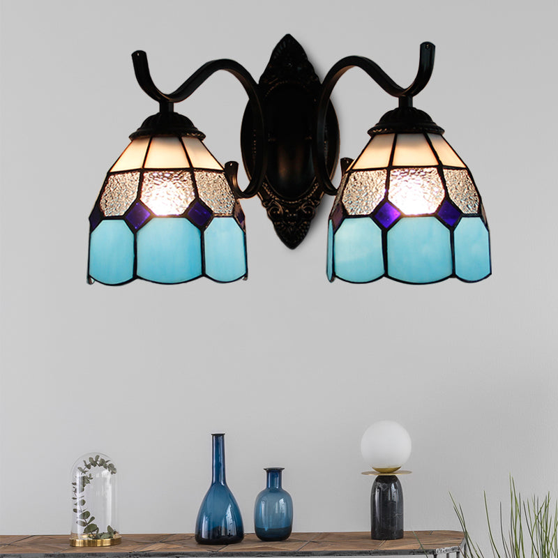 Stained Glass Bowl Wall Lamp Retro Tiffany 2 Heads Bedroom Wall Mount Light in Light Blue/Orange Red/Green/Clear/Royal Blue Clearhalo 'Industrial' 'Middle century wall lights' 'Tiffany wall lights' 'Tiffany' 'Wall Lamps & Sconces' 'Wall Lights' Lighting' 173627