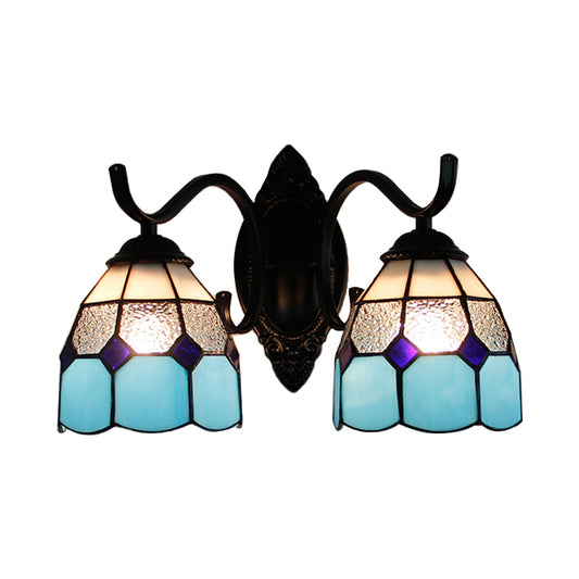 Stained Glass Bowl Wall Lamp Retro Tiffany 2 Heads Bedroom Wall Mount Light in Light Blue/Orange Red/Green/Clear/Royal Blue Clearhalo 'Industrial' 'Middle century wall lights' 'Tiffany wall lights' 'Tiffany' 'Wall Lamps & Sconces' 'Wall Lights' Lighting' 173628