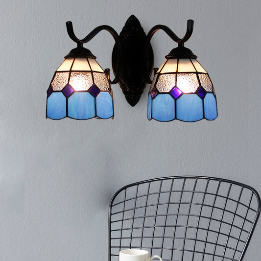Stained Glass Bowl Wall Lamp Retro Tiffany 2 Heads Bedroom Wall Mount Light in Light Blue/Orange Red/Green/Clear/Royal Blue Clearhalo 'Industrial' 'Middle century wall lights' 'Tiffany wall lights' 'Tiffany' 'Wall Lamps & Sconces' 'Wall Lights' Lighting' 173630