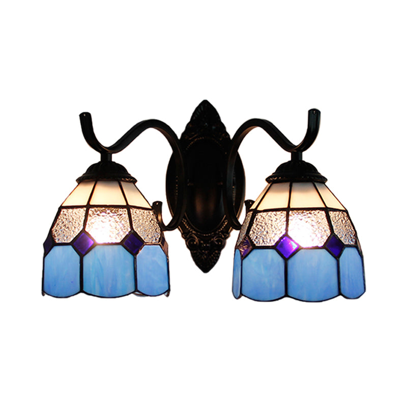 Stained Glass Bowl Wall Lamp Retro Tiffany 2 Heads Bedroom Wall Mount Light in Light Blue/Orange Red/Green/Clear/Royal Blue Clearhalo 'Industrial' 'Middle century wall lights' 'Tiffany wall lights' 'Tiffany' 'Wall Lamps & Sconces' 'Wall Lights' Lighting' 173631
