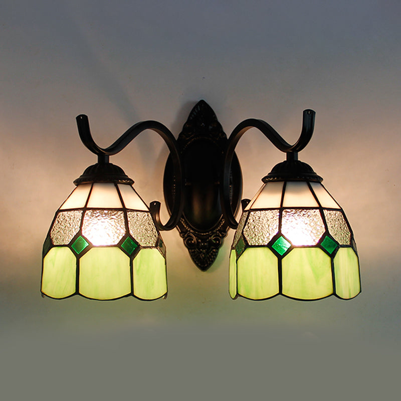 Stained Glass Bowl Wall Lamp Retro Tiffany 2 Heads Bedroom Wall Mount Light in Light Blue/Orange Red/Green/Clear/Royal Blue Green Clearhalo 'Industrial' 'Middle century wall lights' 'Tiffany wall lights' 'Tiffany' 'Wall Lamps & Sconces' 'Wall Lights' Lighting' 173632