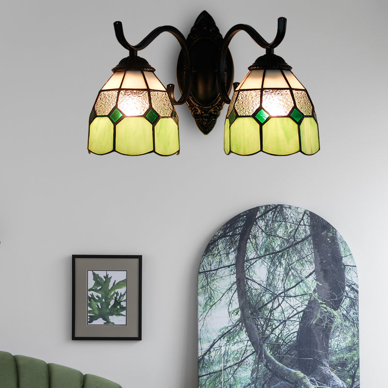 Stained Glass Bowl Wall Lamp Retro Tiffany 2 Heads Bedroom Wall Mount Light in Light Blue/Orange Red/Green/Clear/Royal Blue Clearhalo 'Industrial' 'Middle century wall lights' 'Tiffany wall lights' 'Tiffany' 'Wall Lamps & Sconces' 'Wall Lights' Lighting' 173633