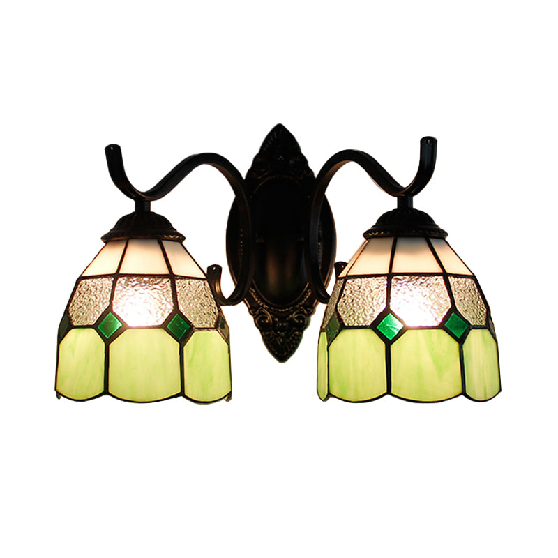 Stained Glass Bowl Wall Lamp Retro Tiffany 2 Heads Bedroom Wall Mount Light in Light Blue/Orange Red/Green/Clear/Royal Blue Clearhalo 'Industrial' 'Middle century wall lights' 'Tiffany wall lights' 'Tiffany' 'Wall Lamps & Sconces' 'Wall Lights' Lighting' 173634