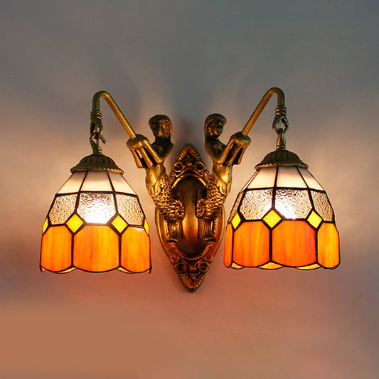 Grid Patterned Sconce Lighting Tiffany Dimpled Glass 2 Heads Orange/Green Wall Mounted Light Orange Clearhalo 'Industrial' 'Middle century wall lights' 'Tiffany wall lights' 'Tiffany' 'Wall Lamps & Sconces' 'Wall Lights' Lighting' 173635