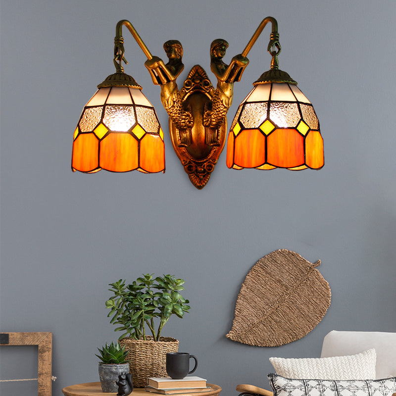 Grid Patterned Sconce Lighting Tiffany Dimpled Glass 2 Heads Orange/Green Wall Mounted Light Clearhalo 'Industrial' 'Middle century wall lights' 'Tiffany wall lights' 'Tiffany' 'Wall Lamps & Sconces' 'Wall Lights' Lighting' 173636