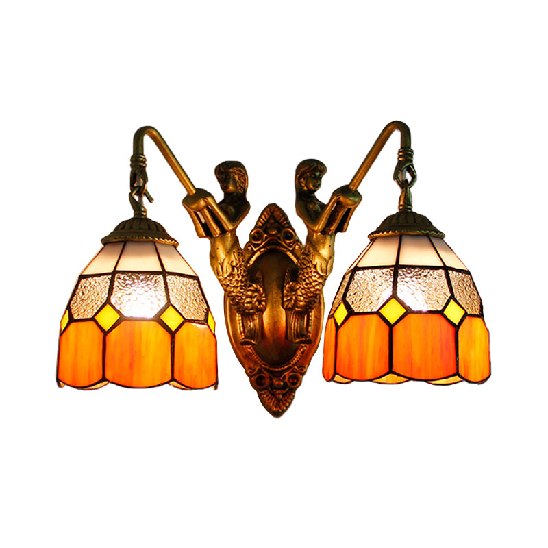 Grid Patterned Sconce Lighting Tiffany Dimpled Glass 2 Heads Orange/Green Wall Mounted Light Clearhalo 'Industrial' 'Middle century wall lights' 'Tiffany wall lights' 'Tiffany' 'Wall Lamps & Sconces' 'Wall Lights' Lighting' 173637