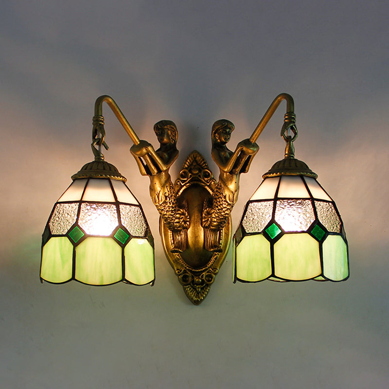 Grid Patterned Sconce Lighting Tiffany Dimpled Glass 2 Heads Orange/Green Wall Mounted Light Green Clearhalo 'Industrial' 'Middle century wall lights' 'Tiffany wall lights' 'Tiffany' 'Wall Lamps & Sconces' 'Wall Lights' Lighting' 173639