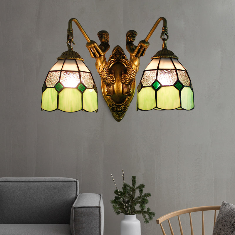 Grid Patterned Sconce Lighting Tiffany Dimpled Glass 2 Heads Orange/Green Wall Mounted Light Clearhalo 'Industrial' 'Middle century wall lights' 'Tiffany wall lights' 'Tiffany' 'Wall Lamps & Sconces' 'Wall Lights' Lighting' 173640