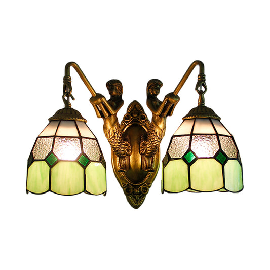 Grid Patterned Sconce Lighting Tiffany Dimpled Glass 2 Heads Orange/Green Wall Mounted Light Clearhalo 'Industrial' 'Middle century wall lights' 'Tiffany wall lights' 'Tiffany' 'Wall Lamps & Sconces' 'Wall Lights' Lighting' 173641