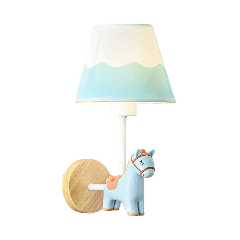 Contemporary Sconce Light Tapered Shade Single Light Wood Wall Lamp with Animal for Teen Blue Horse Clearhalo 'Wall Lamps & Sconces' 'Wall Lights' Lighting' 173650