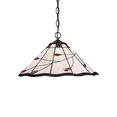 Tiffany-Style Tapered Pendant Light Fixture Single Head Stained Art Glass Down Lighting in White and Red, 16"/18" Dia Clearhalo 'Ceiling Lights' 'Industrial' 'Middle Century Pendants' 'Pendant Lights' 'Pendants' 'Tiffany close to ceiling' 'Tiffany Pendants' 'Tiffany' Lighting' 17365