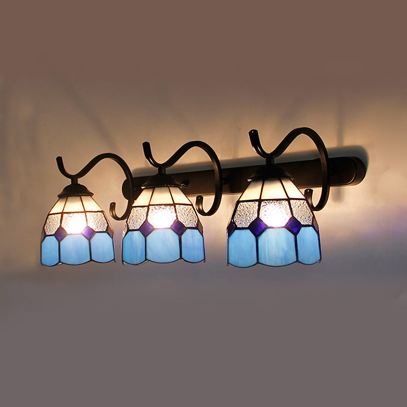 3 Light Dome Sconce Lighting Rustic Loft Stained Glass Wall Mount Light in Light Blue/Green/Clear/Orange Red/Royal Blue for Bathroom Royal Blue Clearhalo 'Industrial' 'Middle century wall lights' 'Tiffany wall lights' 'Tiffany' 'Wall Lamps & Sconces' 'Wall Lights' Lighting' 173674