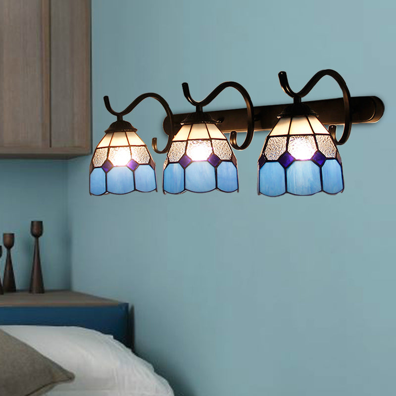 3 Light Dome Sconce Lighting Rustic Loft Stained Glass Wall Mount Light in Light Blue/Green/Clear/Orange Red/Royal Blue for Bathroom Clearhalo 'Industrial' 'Middle century wall lights' 'Tiffany wall lights' 'Tiffany' 'Wall Lamps & Sconces' 'Wall Lights' Lighting' 173675