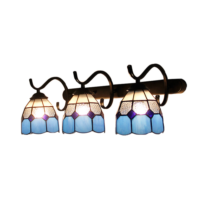 3 Light Dome Sconce Lighting Rustic Loft Stained Glass Wall Mount Light in Light Blue/Green/Clear/Orange Red/Royal Blue for Bathroom Clearhalo 'Industrial' 'Middle century wall lights' 'Tiffany wall lights' 'Tiffany' 'Wall Lamps & Sconces' 'Wall Lights' Lighting' 173676