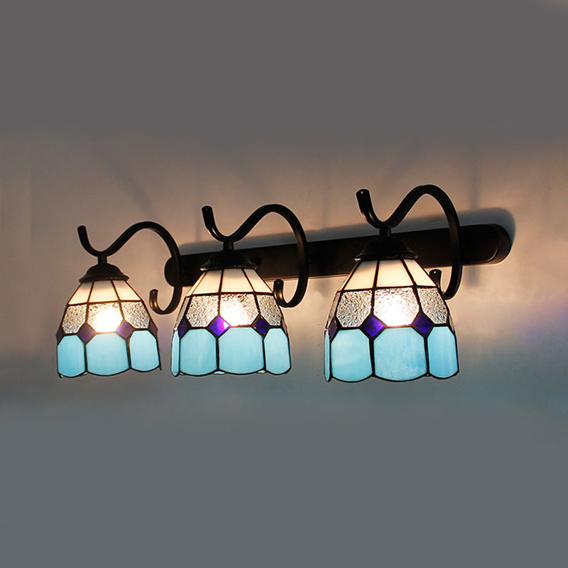 3 Light Dome Sconce Lighting Rustic Loft Stained Glass Wall Mount Light in Light Blue/Green/Clear/Orange Red/Royal Blue for Bathroom Light Blue Clearhalo 'Industrial' 'Middle century wall lights' 'Tiffany wall lights' 'Tiffany' 'Wall Lamps & Sconces' 'Wall Lights' Lighting' 173681