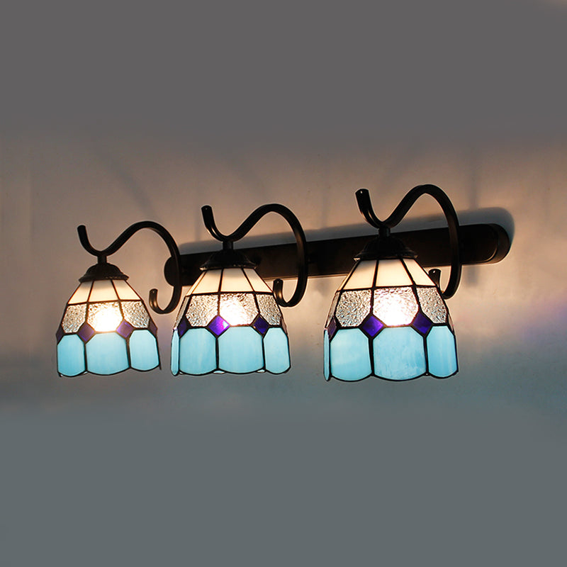 3 Light Dome Sconce Lighting Rustic Loft Stained Glass Wall Mount Light in Light Blue/Green/Clear/Orange Red/Royal Blue for Bathroom Light Blue Clearhalo 'Industrial' 'Middle century wall lights' 'Tiffany wall lights' 'Tiffany' 'Wall Lamps & Sconces' 'Wall Lights' Lighting' 173681
