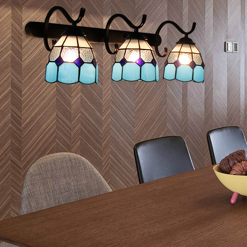 3 Light Dome Sconce Lighting Rustic Loft Stained Glass Wall Mount Light in Light Blue/Green/Clear/Orange Red/Royal Blue for Bathroom Clearhalo 'Industrial' 'Middle century wall lights' 'Tiffany wall lights' 'Tiffany' 'Wall Lamps & Sconces' 'Wall Lights' Lighting' 173682