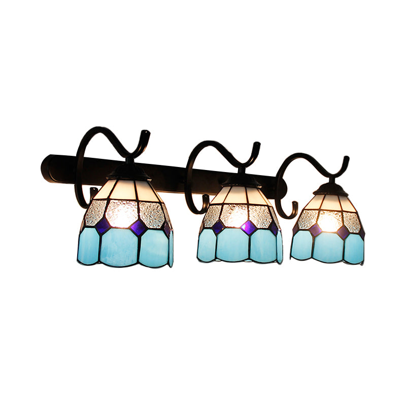 3 Light Dome Sconce Lighting Rustic Loft Stained Glass Wall Mount Light in Light Blue/Green/Clear/Orange Red/Royal Blue for Bathroom Clearhalo 'Industrial' 'Middle century wall lights' 'Tiffany wall lights' 'Tiffany' 'Wall Lamps & Sconces' 'Wall Lights' Lighting' 173683