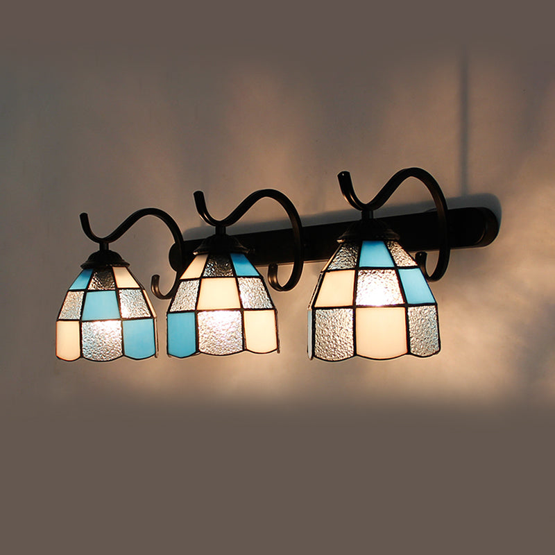 3 Light Dome Sconce Lighting Rustic Loft Stained Glass Wall Mount Light in Light Blue/Green/Clear/Orange Red/Royal Blue for Bathroom Clear Clearhalo 'Industrial' 'Middle century wall lights' 'Tiffany wall lights' 'Tiffany' 'Wall Lamps & Sconces' 'Wall Lights' Lighting' 173684