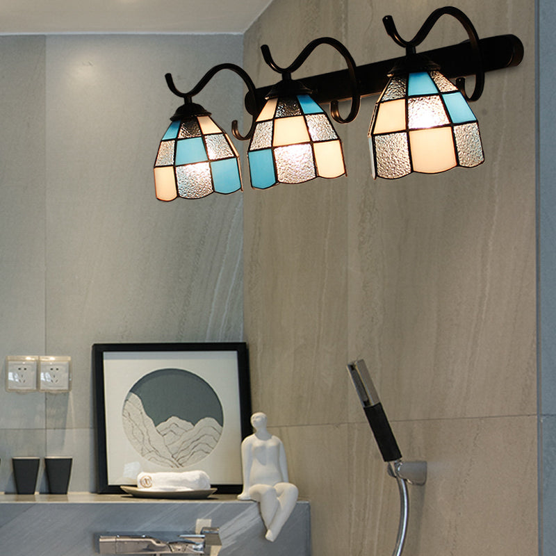 3 Light Dome Sconce Lighting Rustic Loft Stained Glass Wall Mount Light in Light Blue/Green/Clear/Orange Red/Royal Blue for Bathroom Clearhalo 'Industrial' 'Middle century wall lights' 'Tiffany wall lights' 'Tiffany' 'Wall Lamps & Sconces' 'Wall Lights' Lighting' 173685