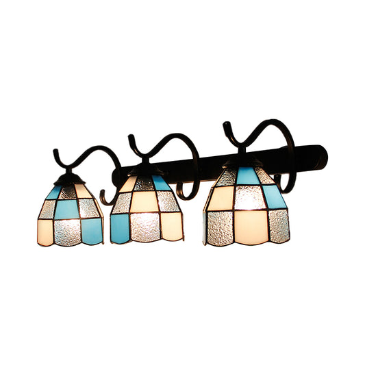 3 Light Dome Sconce Lighting Rustic Loft Stained Glass Wall Mount Light in Light Blue/Green/Clear/Orange Red/Royal Blue for Bathroom Clearhalo 'Industrial' 'Middle century wall lights' 'Tiffany wall lights' 'Tiffany' 'Wall Lamps & Sconces' 'Wall Lights' Lighting' 173686