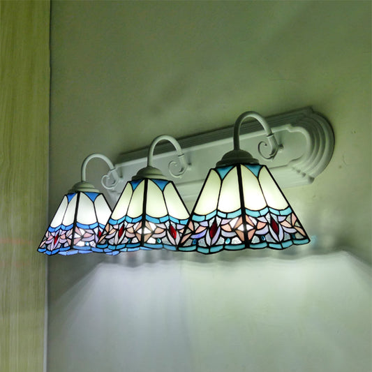 Stained Glass Pyramid Sconce Light Fixture 3 Heads Blue Wall Mounted Light for Living Room Blue Clearhalo 'Industrial' 'Middle century wall lights' 'Tiffany wall lights' 'Tiffany' 'Wall Lamps & Sconces' 'Wall Lights' Lighting' 173709