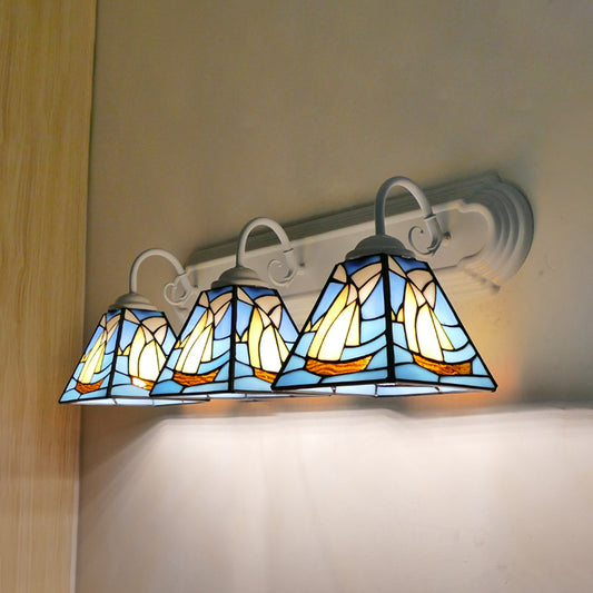 Sailboat Sconce Lighting Nautical Stained Glass 3 Heads Wall Mount Light in White Finish Blue Clearhalo 'Industrial' 'Middle century wall lights' 'Tiffany wall lights' 'Tiffany' 'Wall Lamps & Sconces' 'Wall Lights' Lighting' 173719