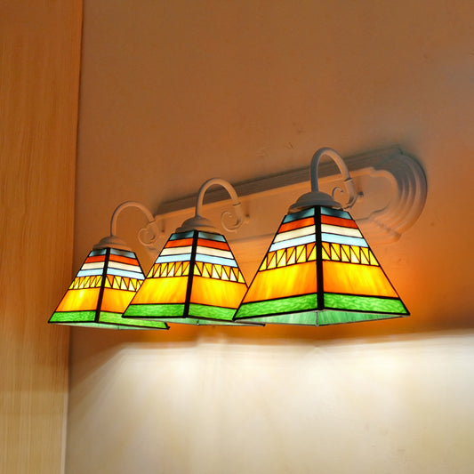 Pyramid Wall Mount Light Mission Style Stained Glass 3 Lights Bathroom Wall Lamp in Pink/Orange/Blue Orange Clearhalo 'Industrial' 'Middle century wall lights' 'Tiffany wall lights' 'Tiffany' 'Wall Lamps & Sconces' 'Wall Lights' Lighting' 173728