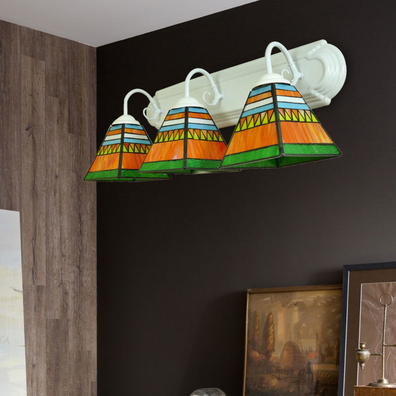 Pyramid Wall Mount Light Mission Style Stained Glass 3 Lights Bathroom Wall Lamp in Pink/Orange/Blue Clearhalo 'Industrial' 'Middle century wall lights' 'Tiffany wall lights' 'Tiffany' 'Wall Lamps & Sconces' 'Wall Lights' Lighting' 173729