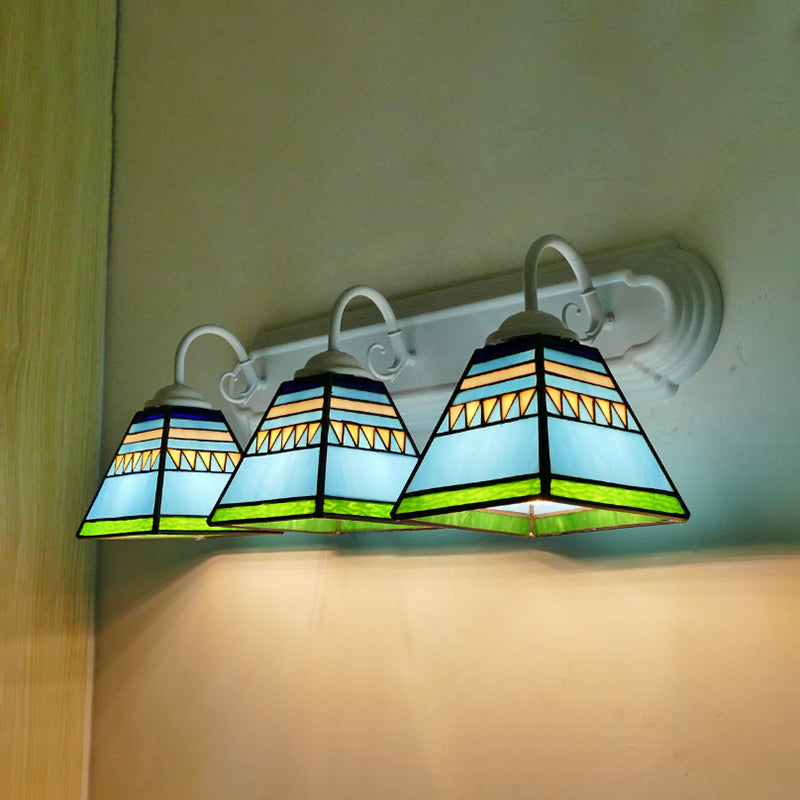 Pyramid Wall Mount Light Mission Style Stained Glass 3 Lights Bathroom Wall Lamp in Pink/Orange/Blue Blue Clearhalo 'Industrial' 'Middle century wall lights' 'Tiffany wall lights' 'Tiffany' 'Wall Lamps & Sconces' 'Wall Lights' Lighting' 173732