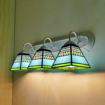Pyramid Wall Mount Light Mission Style Stained Glass 3 Lights Bathroom Wall Lamp in Pink/Orange/Blue Blue Clearhalo 'Industrial' 'Middle century wall lights' 'Tiffany wall lights' 'Tiffany' 'Wall Lamps & Sconces' 'Wall Lights' Lighting' 173732