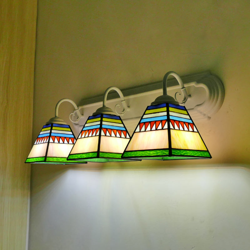 Pyramid Wall Mount Light Mission Style Stained Glass 3 Lights Bathroom Wall Lamp in Pink/Orange/Blue Pink Clearhalo 'Industrial' 'Middle century wall lights' 'Tiffany wall lights' 'Tiffany' 'Wall Lamps & Sconces' 'Wall Lights' Lighting' 173735