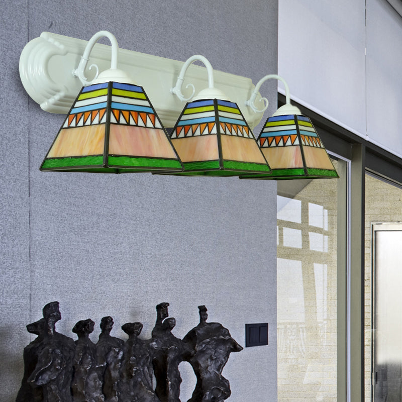 Pyramid Wall Mount Light Mission Style Stained Glass 3 Lights Bathroom Wall Lamp in Pink/Orange/Blue Clearhalo 'Industrial' 'Middle century wall lights' 'Tiffany wall lights' 'Tiffany' 'Wall Lamps & Sconces' 'Wall Lights' Lighting' 173736