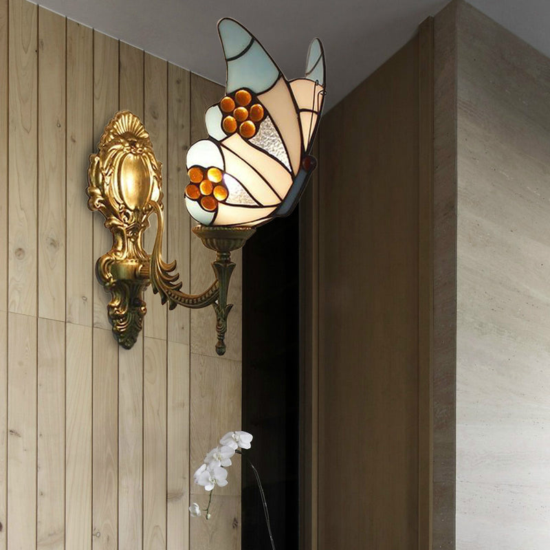 Blue Butterfly Wall Sconce Lodge Style Stained Glass 1 Light Wall Lighting for Kitchen Clearhalo 'Industrial' 'Middle century wall lights' 'Tiffany wall lights' 'Tiffany' 'Wall Lamps & Sconces' 'Wall Lights' Lighting' 173739