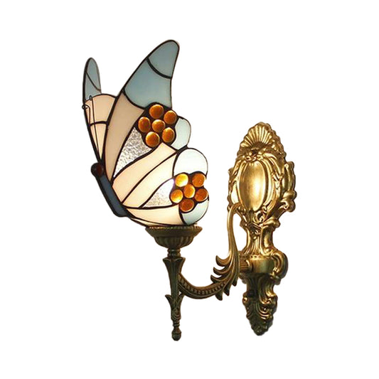 Blue Butterfly Wall Sconce Lodge Style Stained Glass 1 Light Wall Lighting for Kitchen Clearhalo 'Industrial' 'Middle century wall lights' 'Tiffany wall lights' 'Tiffany' 'Wall Lamps & Sconces' 'Wall Lights' Lighting' 173740