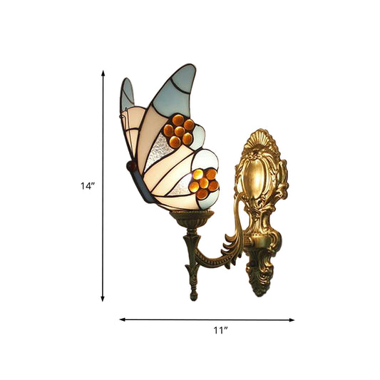 Blue Butterfly Wall Sconce Lodge Style Stained Glass 1 Light Wall Lighting for Kitchen Clearhalo 'Industrial' 'Middle century wall lights' 'Tiffany wall lights' 'Tiffany' 'Wall Lamps & Sconces' 'Wall Lights' Lighting' 173741